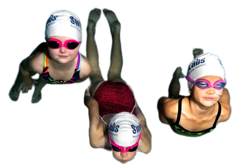 Three swimmers wearing swim fins